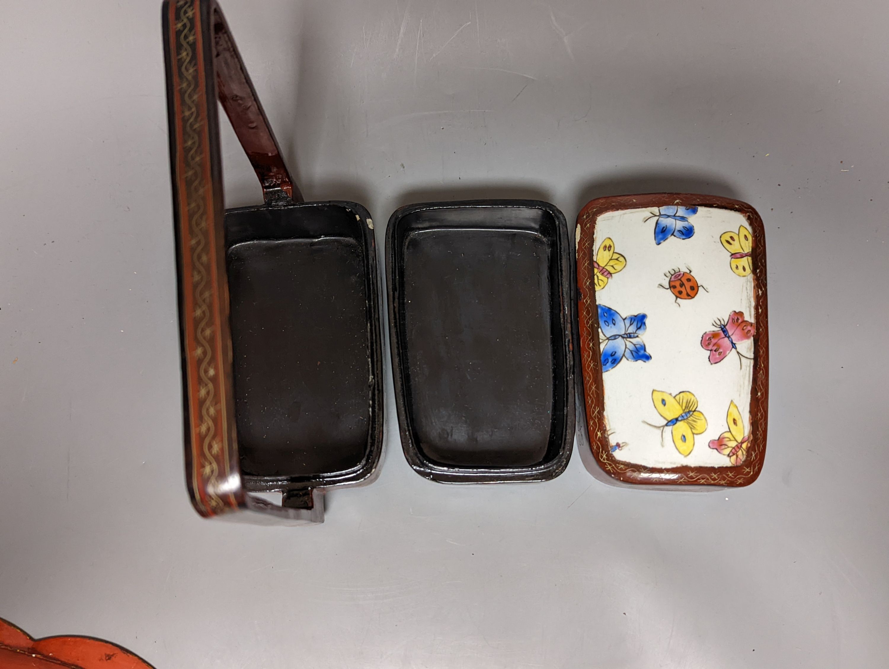 An Oriental lacquer 3 tier picnic box and similar dish, 26cm